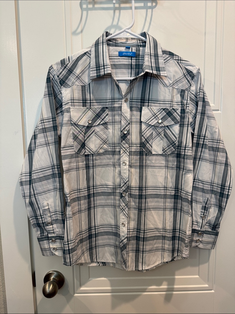 Cheerboy  Boys' western Grey Plaid Pearl Snap Shirt